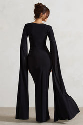 Black Square Neck Twisted Maxi Dress With Cape Sleeves